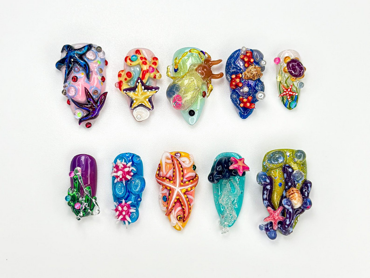 3D Starfish Coral Press On Nails | Deep Sea Ocean Press Ons | Mermaid Jellyfish Underwater Nail Art| Handcrafted Summer Beach Nail | OA922HC
