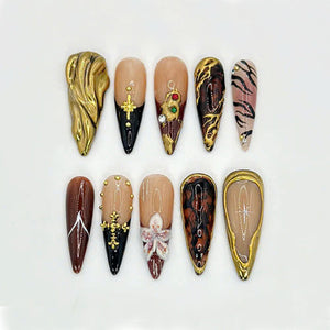 Glamorous Golden Press On Nails | Tortoise Shell And Gold Accents | Handcrafted Luxury Nails | Elegant Handmade Set | OB573HK