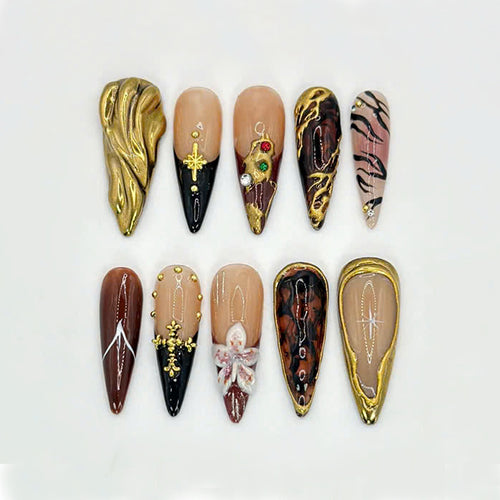 Glamorous Golden Press On Nails | Tortoise Shell And Gold Accents | Handcrafted Luxury Nails | Elegant Handmade Set | OB573HK