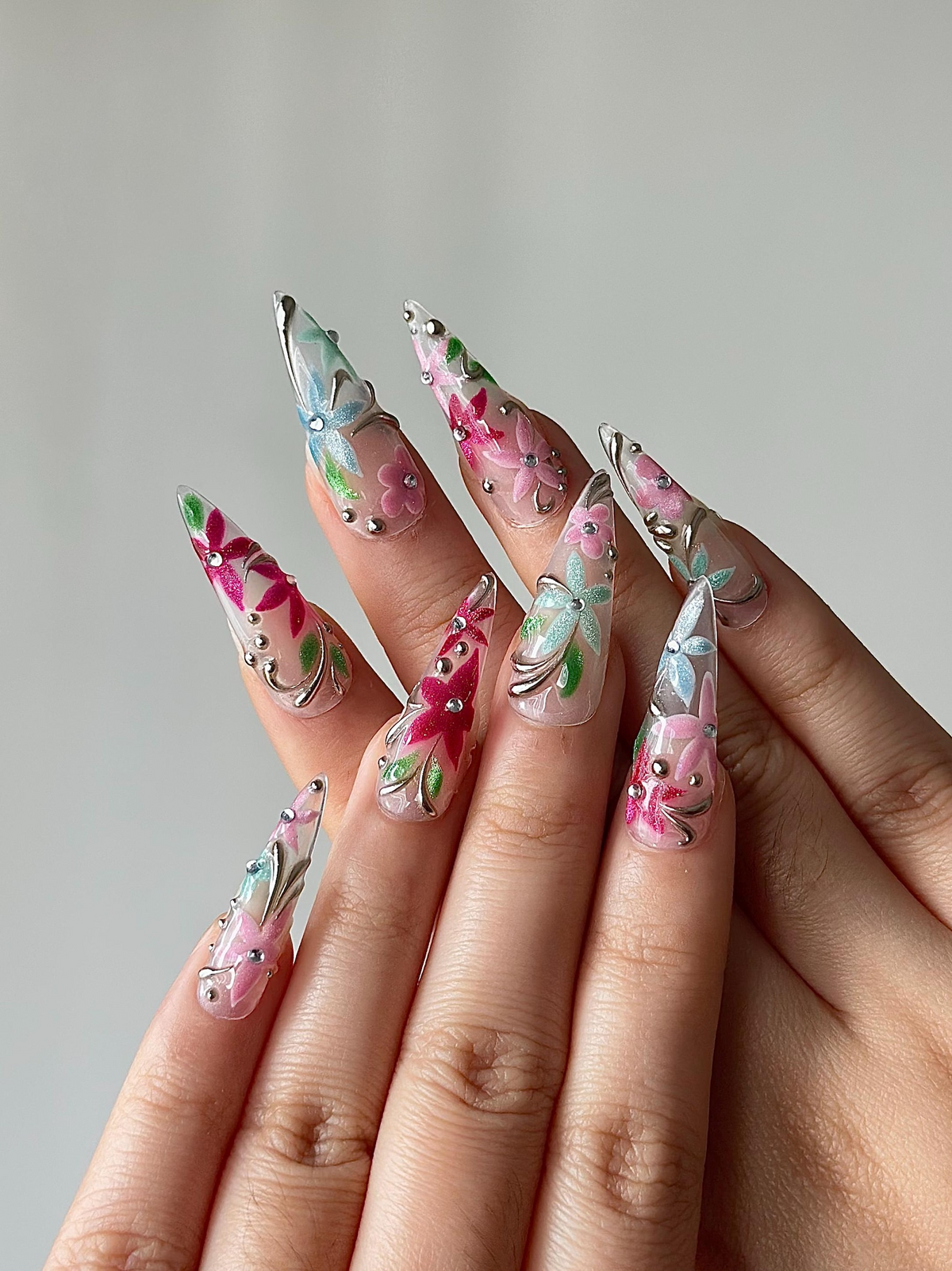 Spring Glass Floral Press On Nails | Hand Painted Flower Nails | Pastel Stiletto Nails | Elegant Floral Nail Art | Luxury Press Ons|OB1278HC