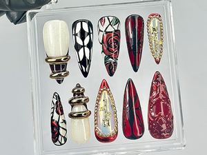 Red Black Rose Press On Nails | Holographic Gothic Press Ons | Gothic Red Chrome Fake Nails | Dark Romance Nail Art | Y2K Nails | OB823YC