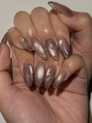 Luxury Cat Eye Press On Nails, Luxury Gold Foil Trim Fake Nails, Elegant Nude Shimmer Nails for Wedding and Formal Events, OC1293HC