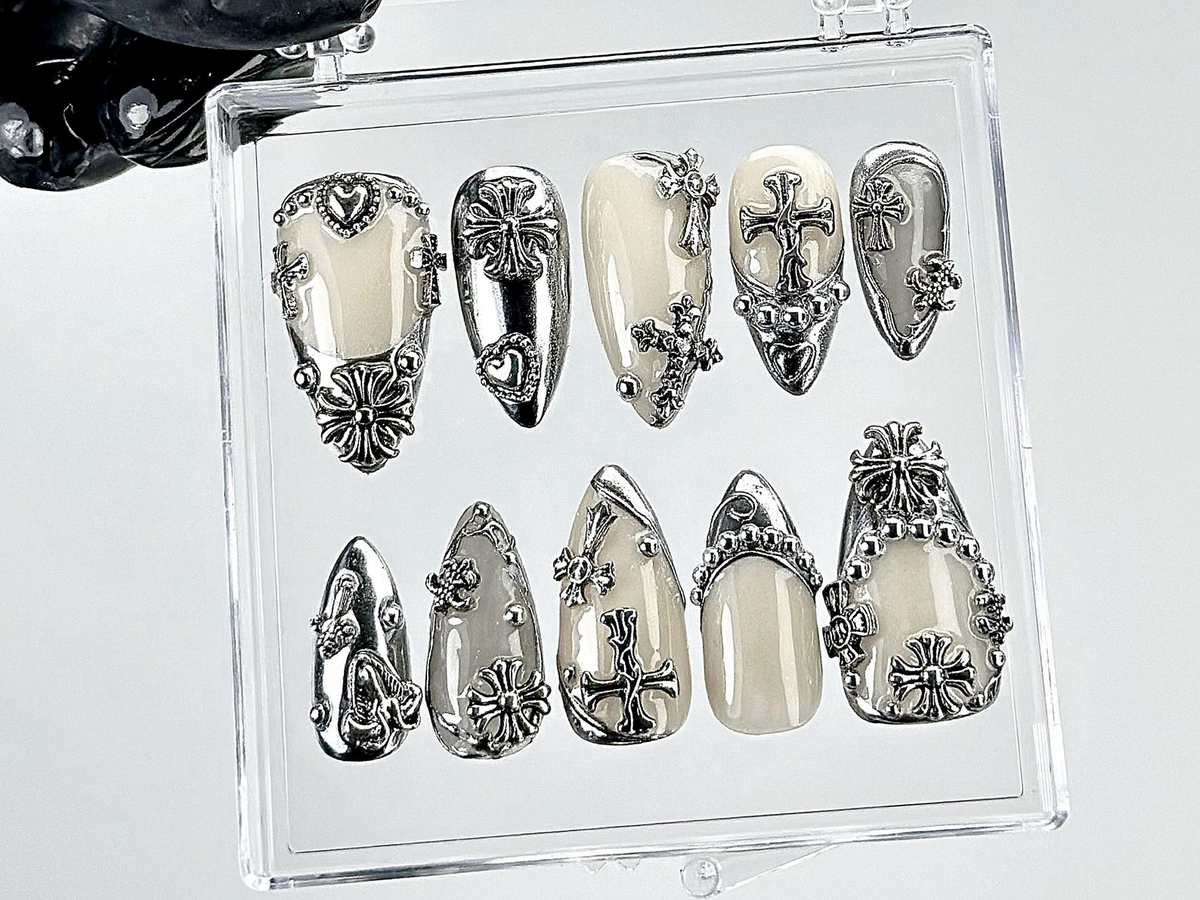 Gothic Chrome Press On Nails | Silver Gothic Fake Nails | Punk Rock Chrome Nail Art | 3D Cross Gothic Press Ons | Fashion Nails | OB889YK