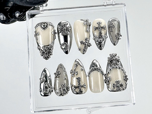 Gothic Chrome Press On Nails | Silver Gothic Fake Nails | Punk Rock Chrome Nail Art | 3D Cross Gothic Press Ons | Fashion Nails | OB889YK