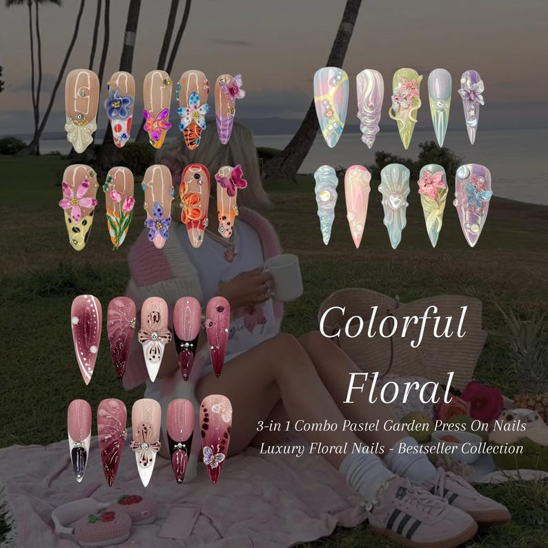 Combo Colorful Floral Press On Nails | Pastel Garden Nail Art | Flower & Butterfly Designs | Bestseller Nails | Floral Collection | OB998H