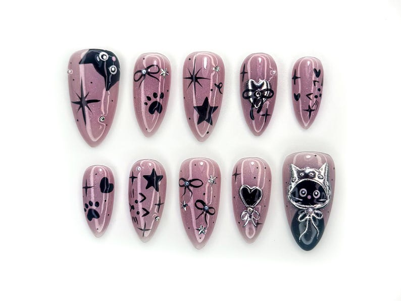 Bengals Cat Press On Nails | Holiday Chrome Pink Nails | Cute Bow & Stars Nail Art | Christmas Gift for Her | Mystic Winter Cat Press On Nails  OB1182BC
