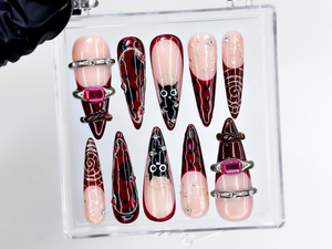 Gothic Ruby Witch Press On Nails | Red Black Sorcery Nail Art | 3D Ring Accents & Mystic Symbols | Luxury Dark Glam Set | OB1202EC