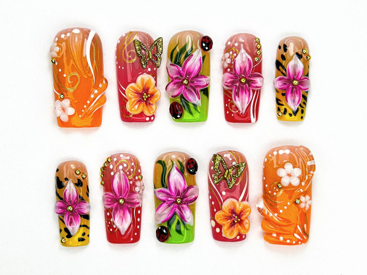 Tropical Floral Press On Nails | 3D Tropical Flowers Nail Art | Vibrant Ladybug Design Fake Nails | Bold Tropical Kawaii Nails | OB893HC