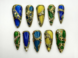 Luxury Gemstone Press On Nails | Blue, Green & Amber Enamel Stones Detail | Jewel-Encrusted Nail Set | Gold Jewel Nail Art | OB790HC