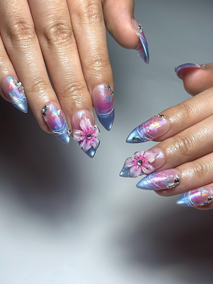 Aurora Galaxy Floral Press On Nails | Iridescent Chrome Stiletto Nails | 3D Sakura Flower Nails | Fantasy Butterfly Nail Art | OB1044HC
