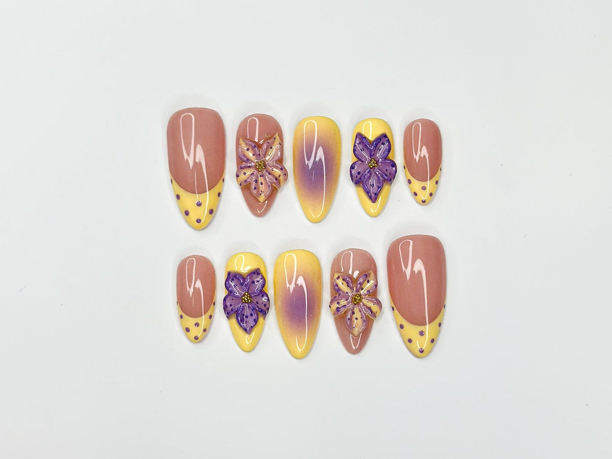 Pastel Sunset Bloom Press On Nails | 3D Purple Flower Nails | Yellow Ombre Nails | Soft Floral Nail Art | Elegant Almond Nails | OB848NC