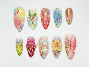 Spring Garden Bloom Press On Nails | Colorful Floral 3D Nail Art | Soft Pastel Press Ons | Handmade Elegant Set for Spring & Summer|OB751HK