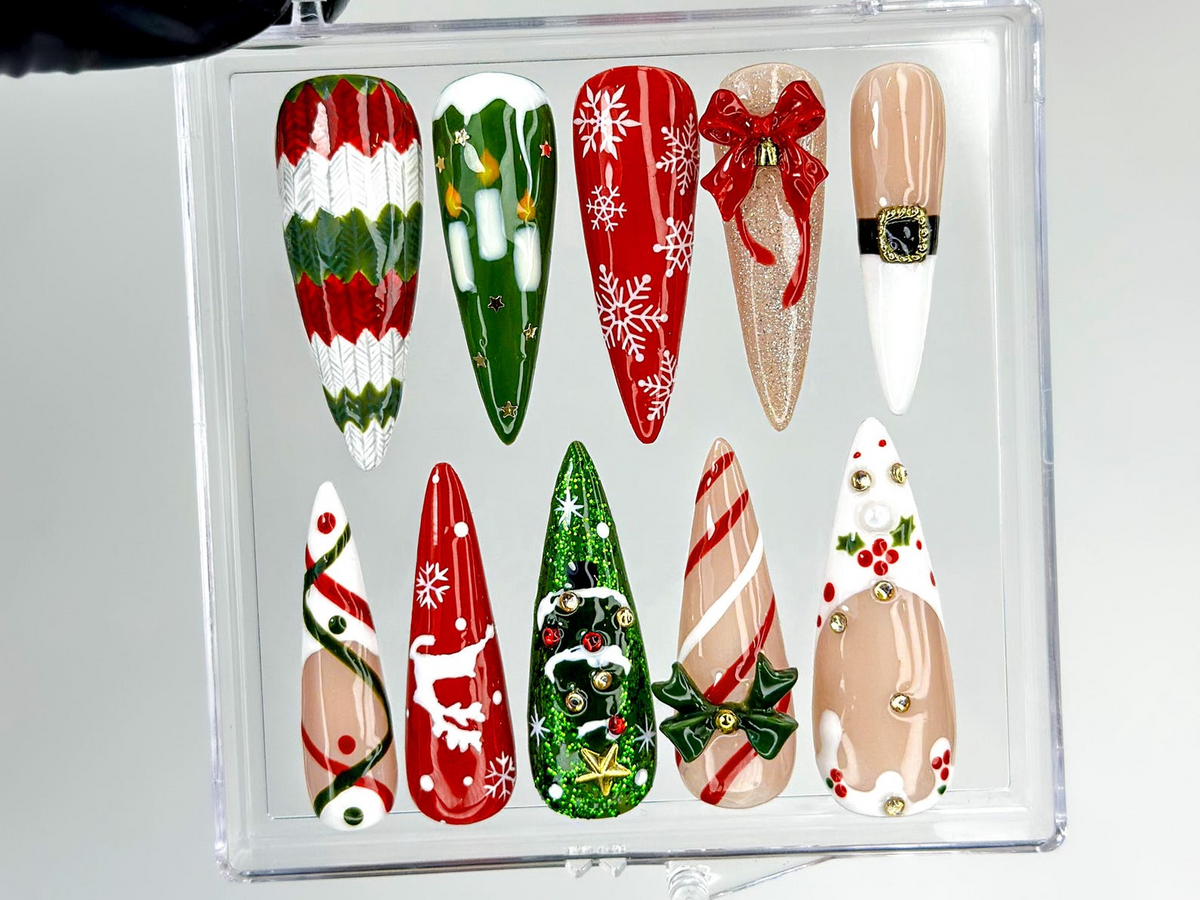 Cozy Knit Christmas Press On Nails | Red Green Holiday Nail Art |Festive Tree & Ribbon Design| Candy Cane And Snowflake Design | OB1195EK