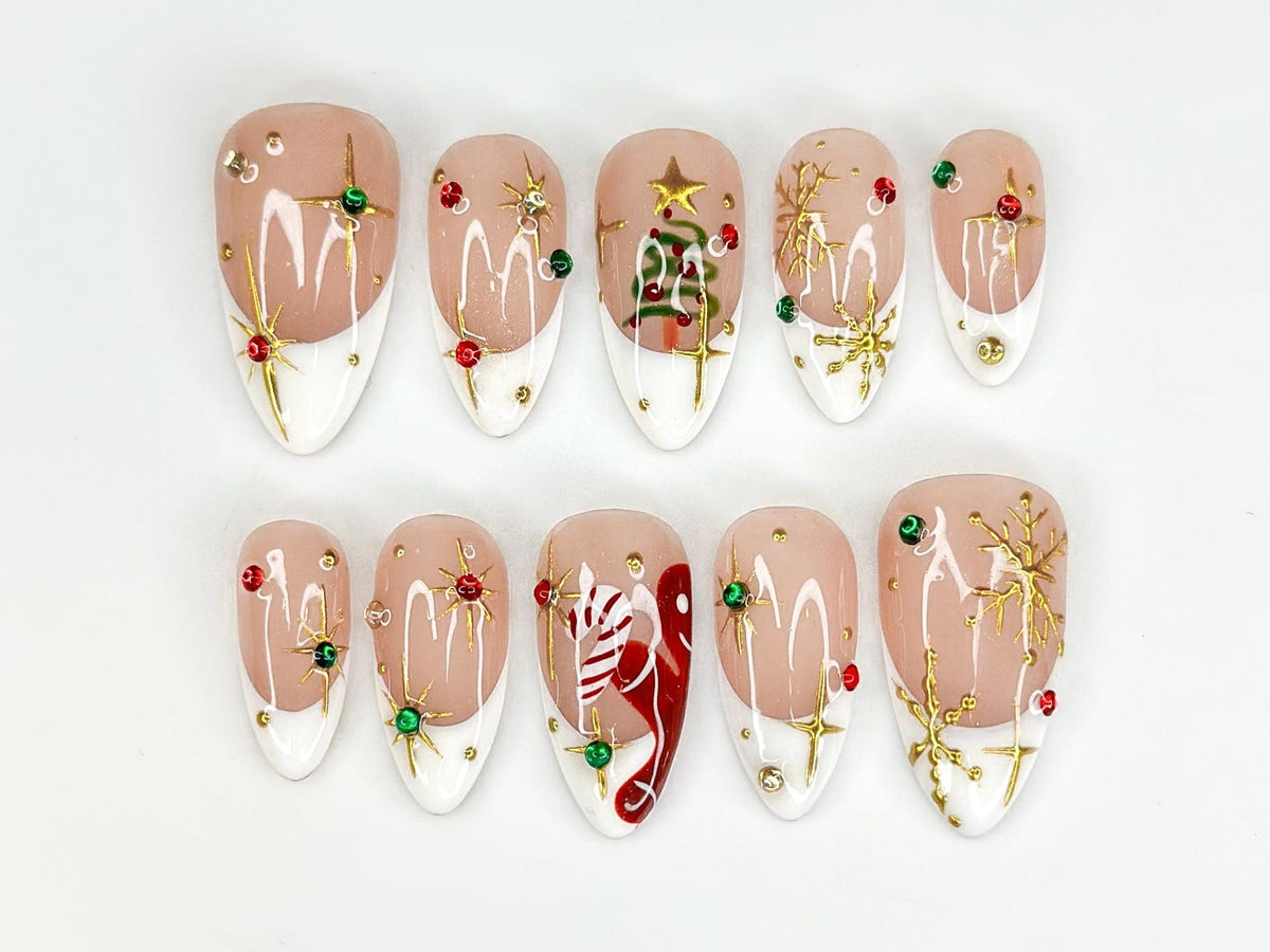 White French Christmas Press On Nails | Red Green Gold Holiday Press Ons | Christmas Tree & Candy Cane Nails | Elegant Winter Nail | OB223HC