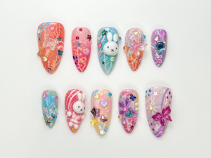 Kawaii Bunny Press On Nails | 3D Cute Rabbit & Star Nails | Rainbow Pastel Swirl Nail Art | Handmade Kawaii Nail | Fun Handmade Nail|OB982HC