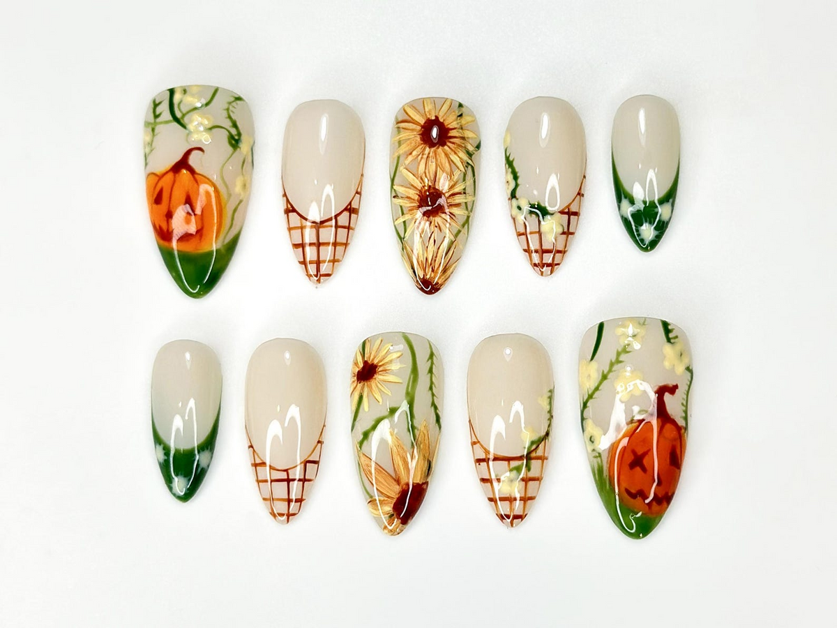 Autumn Pumkin Press On Nails | Pumpkin Sunflower Nail Art | Fall Rustic Farm Nails | Handmade Long Stiletto Nails | OC1087HC