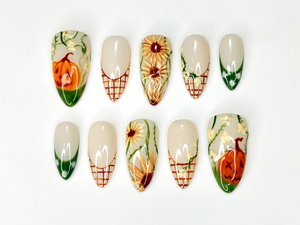 Autumn Pumkin Press On Nails | Pumpkin Sunflower Nail Art | Fall Rustic Farm Nails | Handmade Long Stiletto Nails | OC1087HC