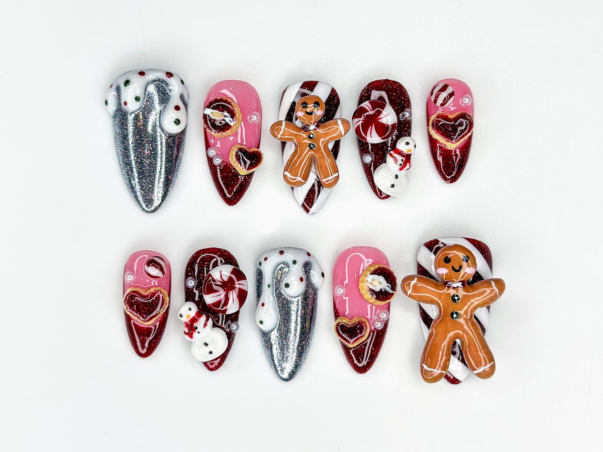 Gingerbread Red Christmas Press On Nails | 3D Christmas Cookie Nail | Peppermint & Snowman Holiday Nails| Red Glitter Festive Nails |OB216HC