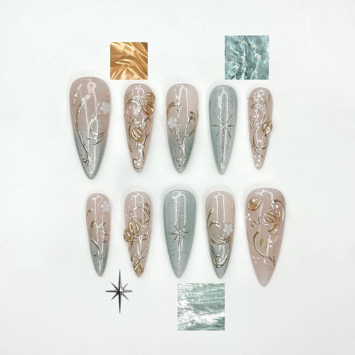 Elegant Gold Floral Cat eyes Nails | Nude Sage Blue Nails | Luxury Minimal Nails | Jasmin Flower Nails | Glossy Reusable Nails | OC339IC