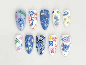 Cute Stitch Cartoon Press-On Nails | Fun Space and Floral Details | Fun and Colorful Stitch Nail Art | For Cartoon Lovers | OC610HC