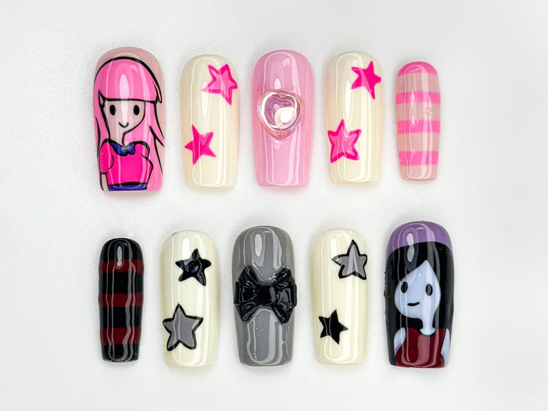 Adventure Time Press On Nails | Princess Bubblegum And Marceline Nails | Cute & Edgy Handmade Nails | Cartoon Inspired Press Ons | OB872HC