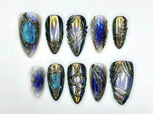 Midnight Armor Press On Nails | Metallic Dragon Scale Nail Art | 3D Fantasy Sculpture Nails | Gothic Iridescent Tips | OC939EK