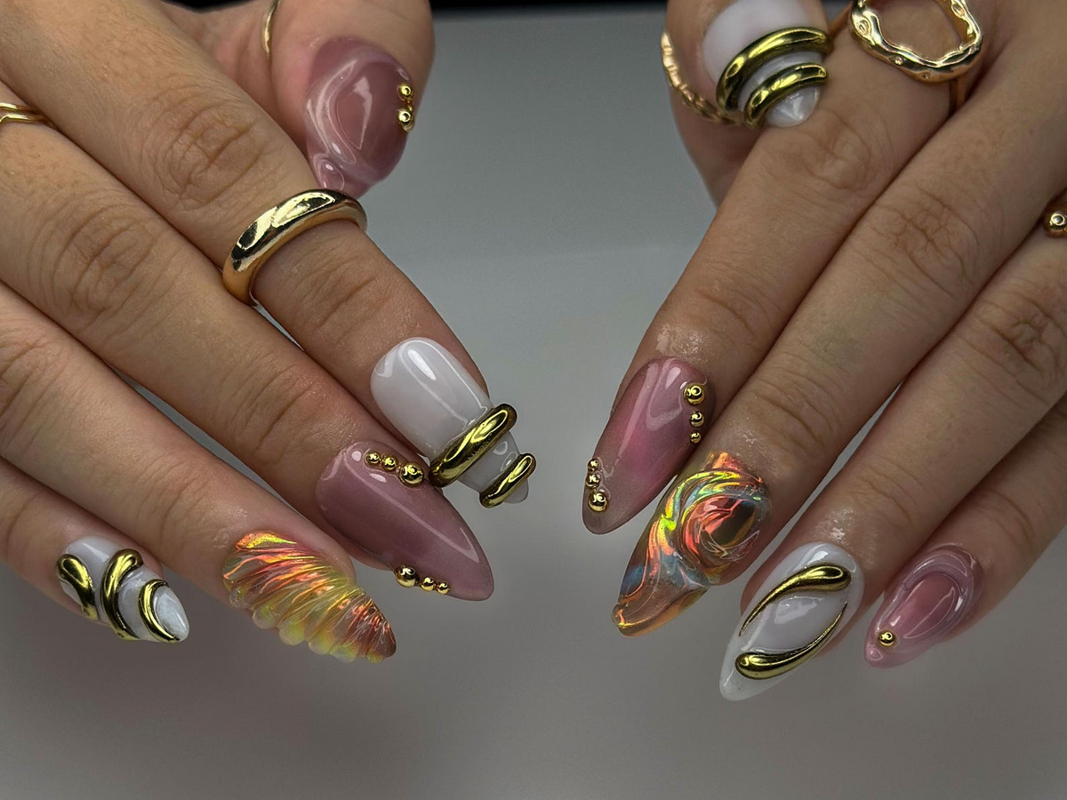 Aurora Gold Swirl Press On Nails | Holographic Iridescent Shell Nails | 3D Gold Chrome Accent Tips | Almond Shape Artistic Nails | OC1007EC