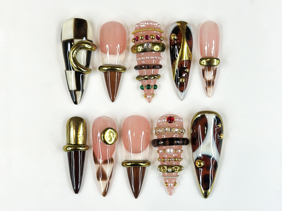 Brown Gold Luxe Press On Nails | Sculptural Ring Nail Art | Luxury Jewelry Inspired Nails | High Fashion Press Ons | Luxury Nail | OB262HK