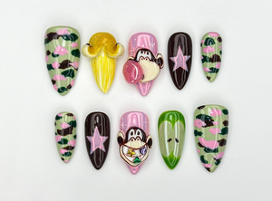 Camo Monkey Fun Press On Nails | Cartoon Camouflage Nails | Banana & Monkey Nail Design | Pink Green Star Press Ons | Funky Nails | OC963HC