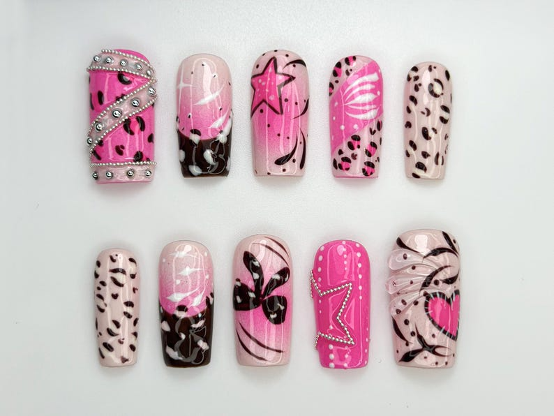 Pink Y2K Leopard Press On Nails | Rhinestone Star Design | Heart & Animal Print Nails | Bold Pink Chrome Nail Art| Trendy Y2K Nails |OC845HC