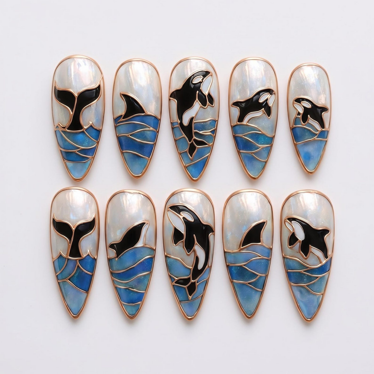 Ocean Press On Nails Summer, Shark and Orca Nail Art Handmade Marine Life Nails Coastal Stiletto Nail Set | OB419L
