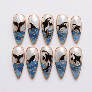 Ocean Press On Nails Summer, Shark and Orca Nail Art Handmade Marine Life Nails Coastal Stiletto Nail Set | OB419L