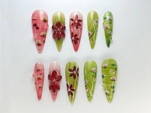 Spring Bloom Press-On Nails | Handmade Lotus Blossom Nail Set | Pink & Green Lotus Nail Art | Nature-Inspired Nails |OC720HC