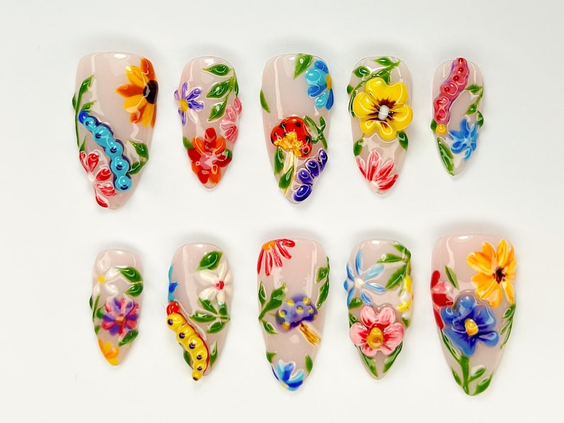 Colorful Flower Press-On Nails | Spring Flower Press Ons | 3D Flowers Fake Nails| Perfect for Special Occasions | Summer Collection |OB759YC