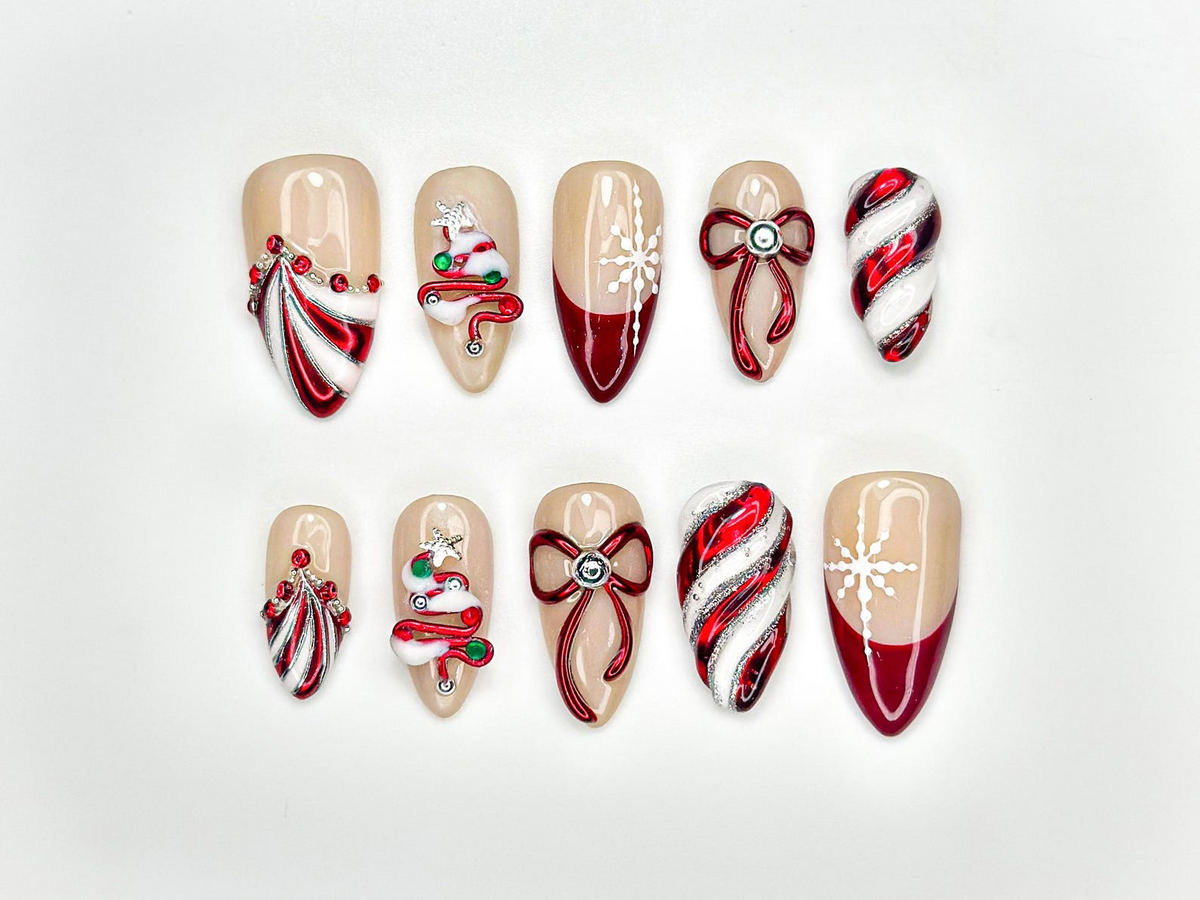 Christmas Candy Cane Press On Nails by DoryNails | Red Chrome Bow & Snowflake Nail Art | Holiday Party Nails | Gift for Her | OB1188BC