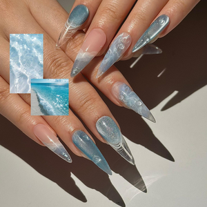 Icy Blue Ocean Press On Nails | Blue Stiletto Nails for Women | Clear French Tip Crystal Nails | Bridal Luxury Nails| Elegant Nails|OC1277HC