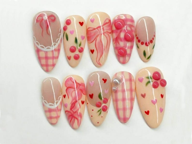 Press On Nails Adhesive Tabs – Cherry Heart & Pink Ribbon Nude Press On Nails, Handmade Valentine Fake Nails Sweet Romantic Nail Art | OB24L