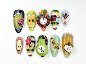 Fruity Fun Press On Nails | 3D Fruit Bug Nail Art | Clock Design Cute Kawaii Nails | Colorful Handmade Fake Nails | Summer Nails | OA802YC