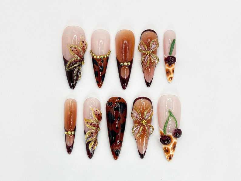 Brown Tortoise Shell Press-On Nails | Handmade Gold Floral Accent Nails | Tortoise Shell and Cherry Design | Brown Ombre Accents | OB652H
