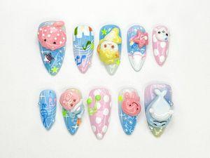 Kawaii Summer Press On Nails | 3D Pastel Marine Animals | Kawaii Sea Nail Art | Cartoon Seal Whale Jellyfish Nails | Summer Nails | OB890HC