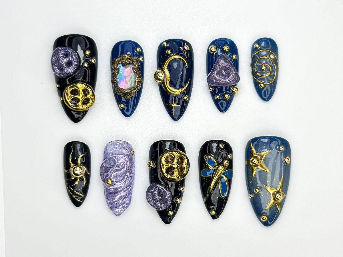 Cosmic Galaxy Press On Nails | Celestial Moon Star Nail Art | Dark Blue & Gold Mystical Nails | Opal Constellation Nail Design | OC860H