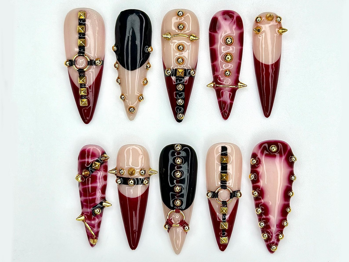 Handmade Gothic Press On Nails | Spiked, Studded Red & Black Nails | Punk Rock Statement Nail Art | OC968EP