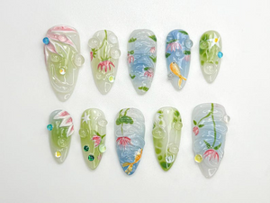 Water Garden Koi Press On Nails | Hand-Painted Koi Fish & Lotus Flowers | Zen Nature Art Nail Set | Calm Pond-Inspired Press Ons | OC798HC