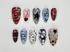 Grunge Cartoon Style Press On Nails | Red & Blue Mismatch Nails | Handpainted Edgy Punk Art | Funky Cartoon Press Ons| Handmade Nail|OC977HC