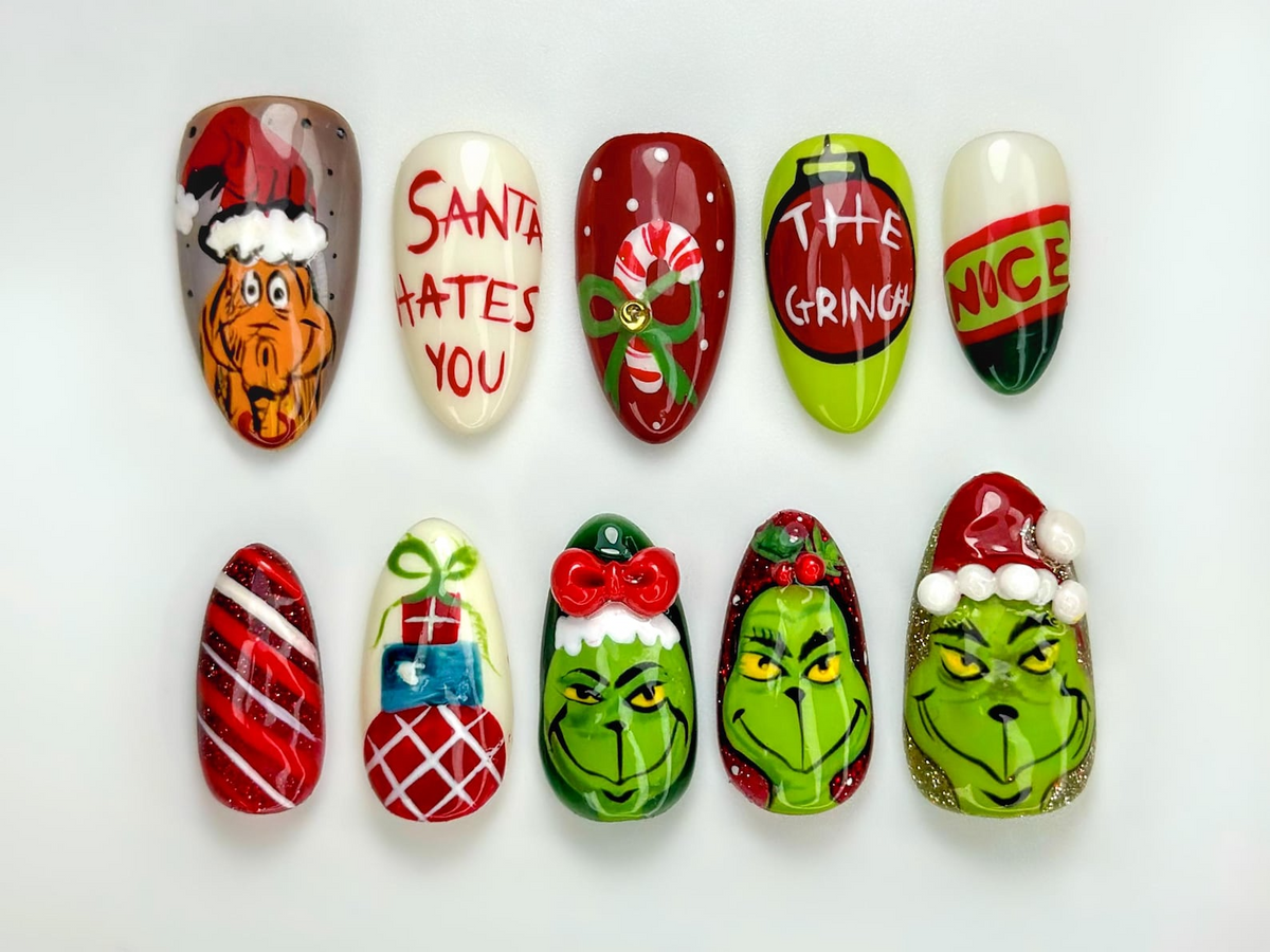 Grinch Mischief Press On Nails For Christmas | Cute Cartoon Winter Nail Art | Funny Holiday Nails | Red Green Christmas Set |OB227EG