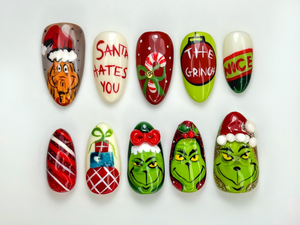 Grinch Mischief Press On Nails For Christmas | Cute Cartoon Winter Nail Art | Funny Holiday Nails | Red Green Christmas Set |OB227EG