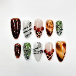 2026 Trend: Biomorphic Amber & Moss Nails | Tortoiseshell Cyber-Grunge Press Ons | Liquid Metal Silver Art | Earth-Tone Future Nails| OB363IC