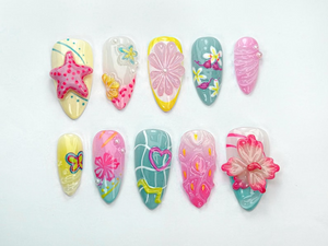 Tropical Summer Press-On Nails | Bright Pink & Yellow Nail Art | Summer Inspired Nail Design | Cute Beach Nail Set | Tropical Vibes |OB738HC