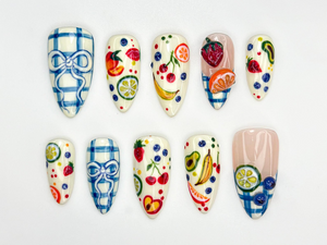 Fruit Picnic Press On Nails | Hand-Painted Fruit Nail Art | Summer Citrus Nail Design | Plaid Bow Cute Press Ons | Colorful Nails | OB853HC