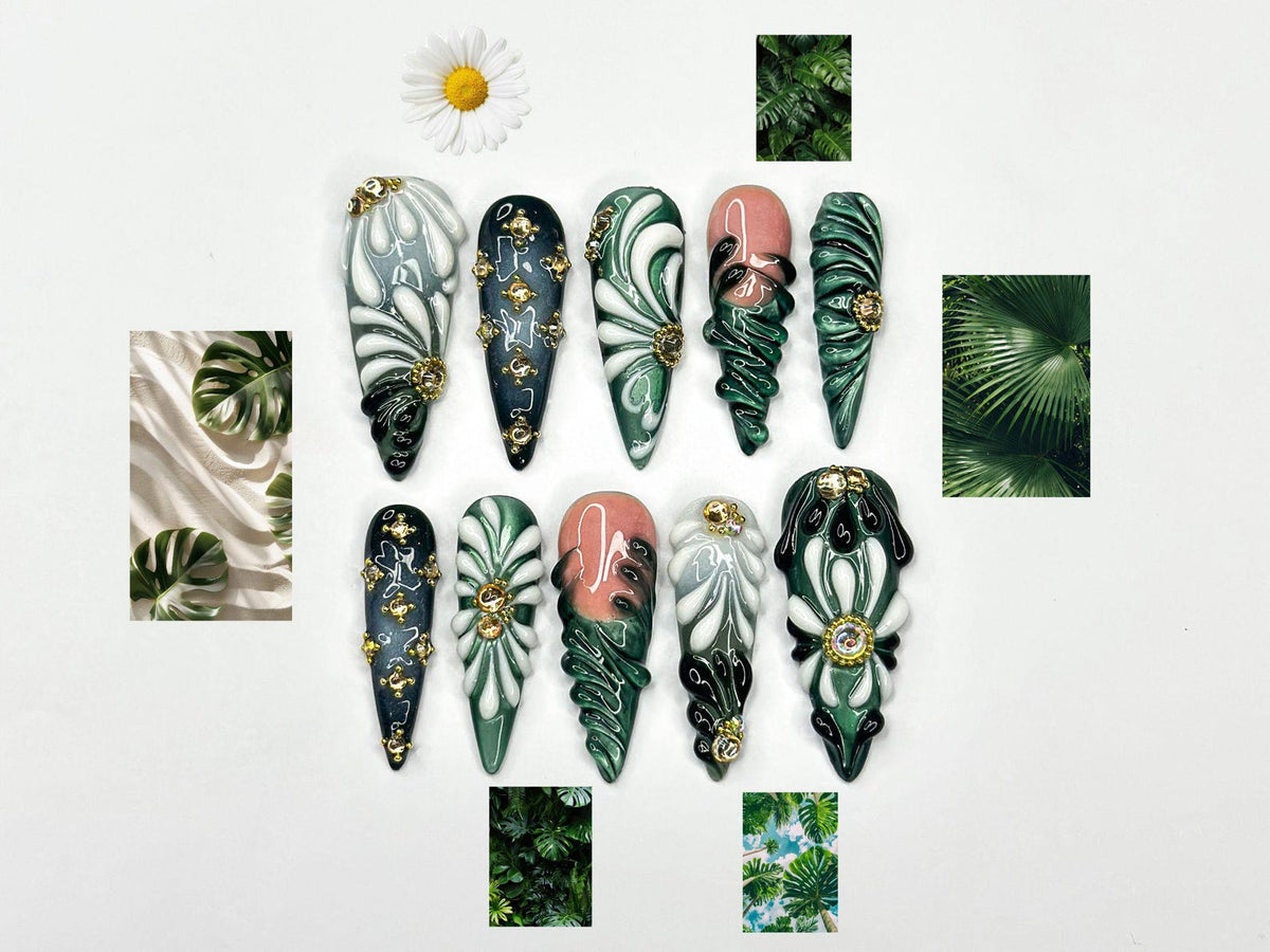 Green Black Press On Nails with 3D Floral and Gold Detail | Elegant Botanical Nails in Almond Shape | Luxury Nails | OB356NC